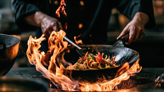 Chef flamb?ing ingredients in a wok, flames erupting, intense heat and motion