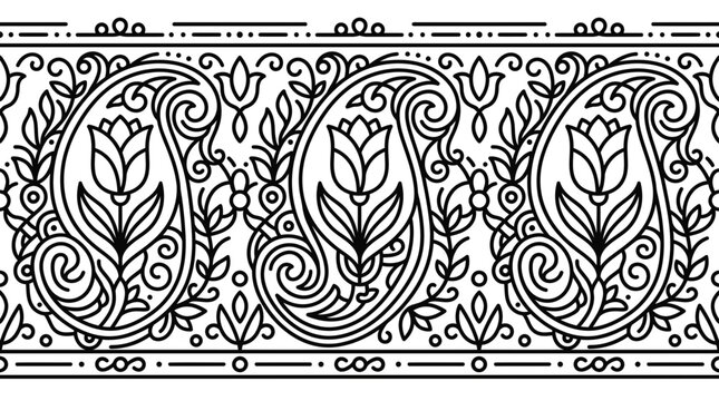 Elegant Paisley Tulip Floral Seamless Horizontal Border Vector Art