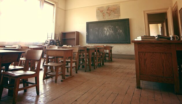 Old-fashioned empty classroom with wooden desks, blackboard, and a map
