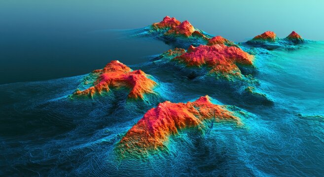 Colorful digital map of underwater mountains and valleys