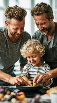Two men and a child share a joyful kitchen moment