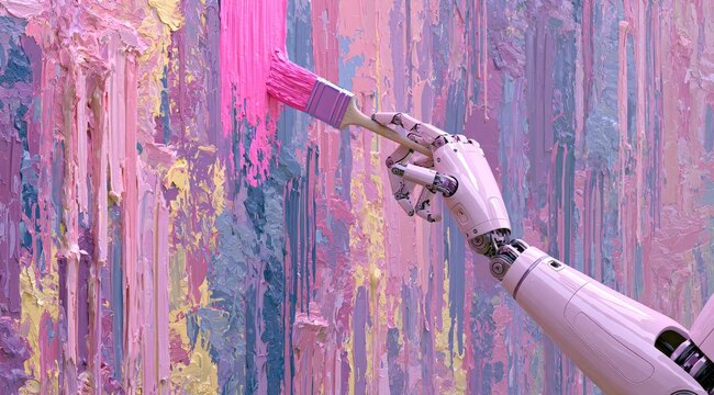 Robotic arm with pink paintbrush applies thick, textured paint to a colorful wall