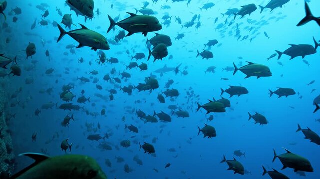 Massive jack fish school swimming in deep blue ocean