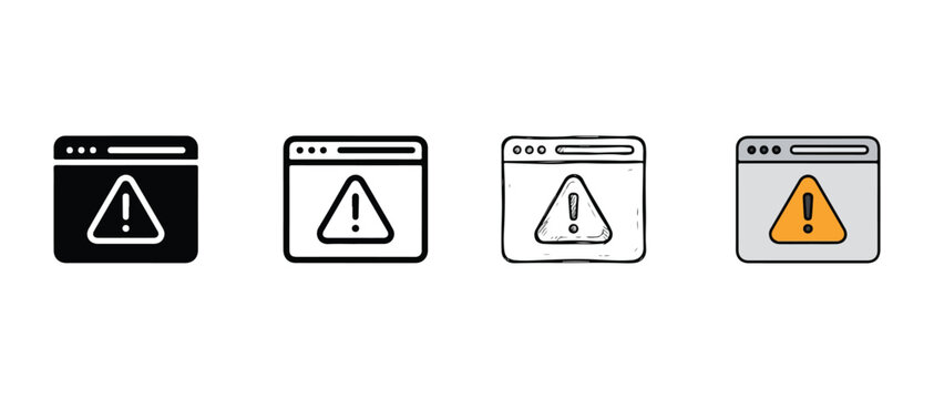 Browser windows with warning signs  alert icons  web error symbols  notification signs
