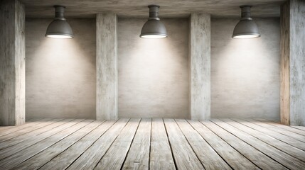 Obraz premium Empty industrial concrete room with three hanging pendant lights and wooden floor, clean studio background
