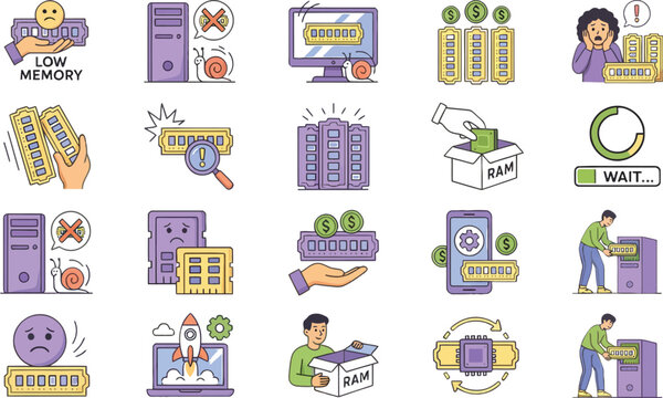 RAM memory shortage illustration icon set for computer performance and upgrade concepts