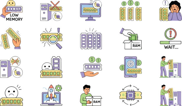 RAM memory shortage illustration icon set for computer performance and upgrade concepts