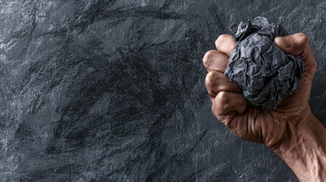 Tightly clenched fist crushing a crumpled ball of dark paper