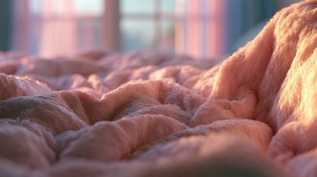 Soft pink fuzzy blanket bathed in warm, diffused sunlight