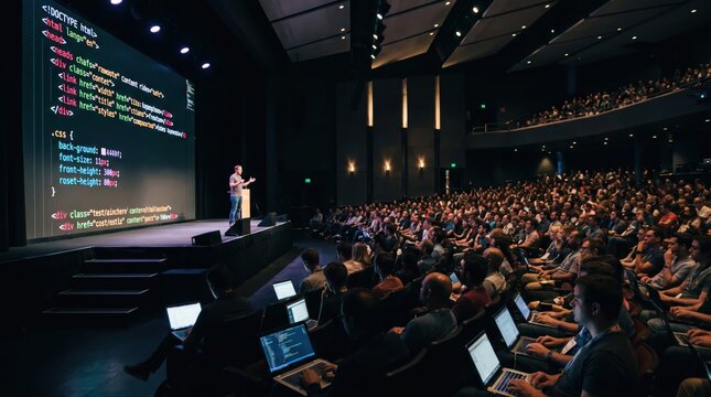 Presenter demonstrating live coding on large projected terminal in conference hall with rows of attendees using laptops, focused collaborative learning atmosphere during evening session