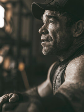 Man wears cap, looks thoughtful, focused