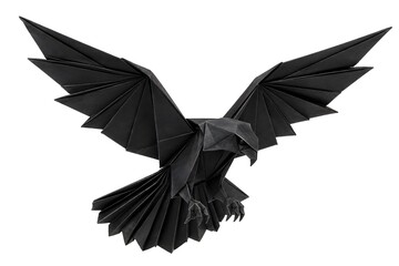 Origami Kestrel Hovering with Fanned Folded Tail in Matte Black Paper on Bright White Background Premium Macro Photography