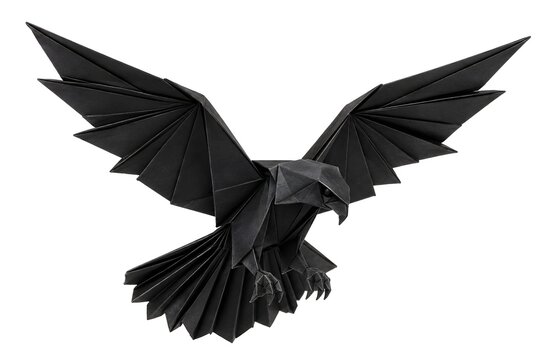 Origami Kestrel Hovering with Fanned Folded Tail in Matte Black Paper on Bright White Background Premium Macro Photography