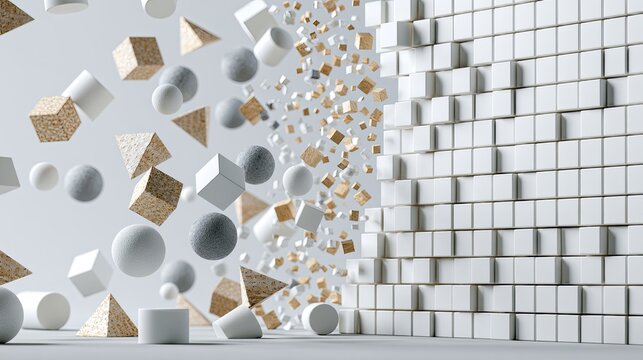 Abstract composition of 3D geometric shapes emerging from a textured wall