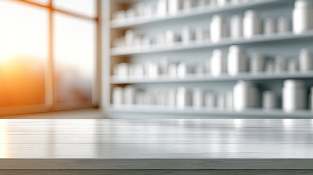 Sunlit, empty counter in front of a shelf of white bottles