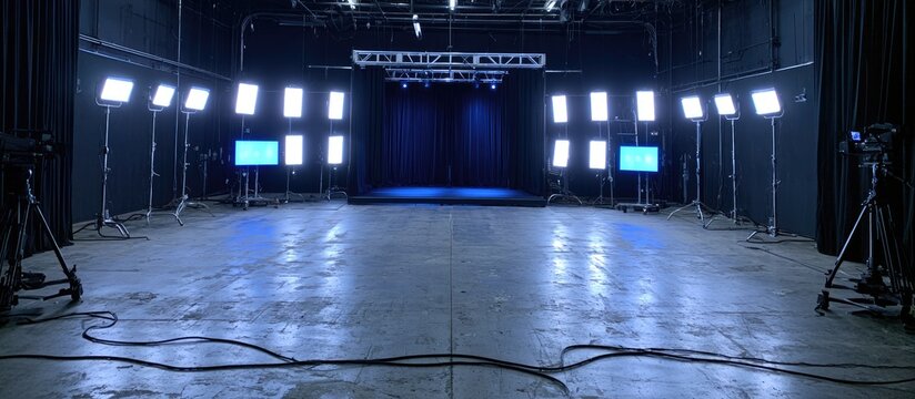 Studio setup with stage, monitors, and lighting equipment