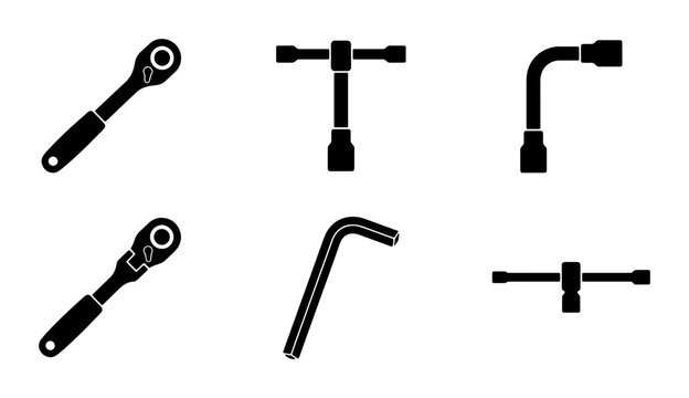 Set of Six Black Silhouette Tools, Ratchet Wrenches, T-Handle, Hex Key, Socket Wrench, Mechanical Repair Icons