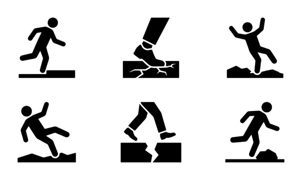 Vector Icons: Slipping, Falling, Tripping Hazards, Safety Warnings, Danger Signs, Risk Icons