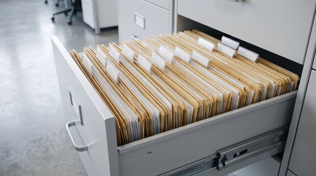 Open filing cabinet drawer filled with manila file folders and tabbed dividers in office storage area for organized records and documents