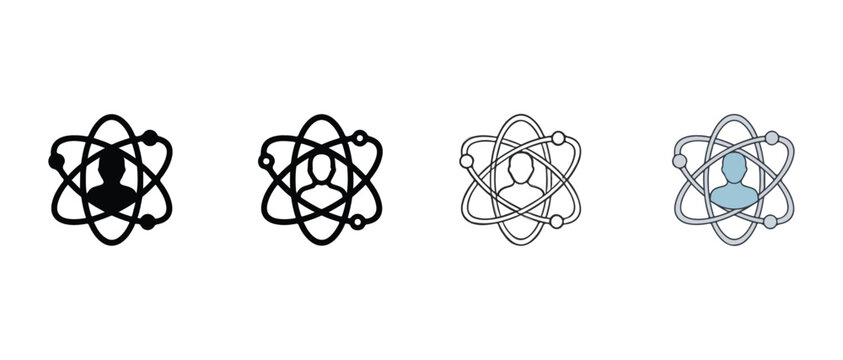 atomic structures with human icons in the center on white background  various line styles and colors