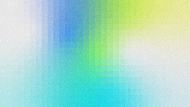 Textured grainy noise abstract backdrop with soft vertical grid segments, smooth gradient transitioning from white, cobalt blue, turquoise, mint green to pale yellow.