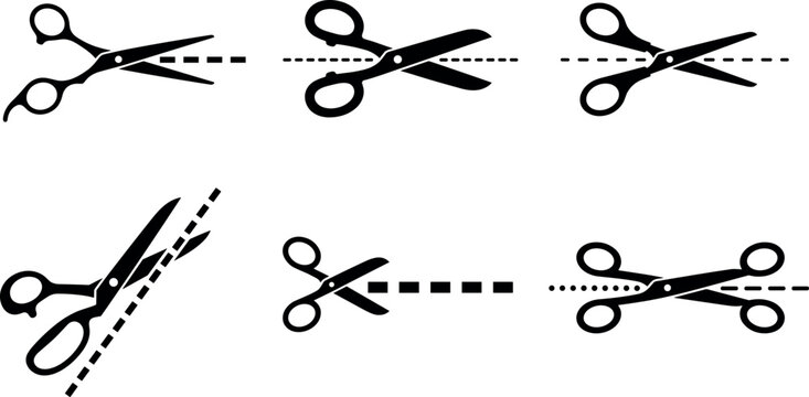 Vector set of scissors with cut line icons for voucher coupon and tailoring concepts