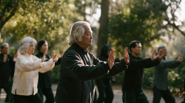 Old man leads gentle group through serene forest park