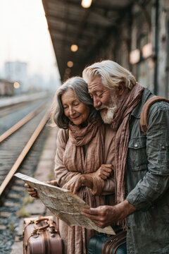Senior couple stands at train station, hands together on map