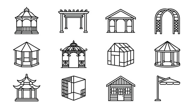 Outdoor Structure Icons: Gazebos, Pergolas, Arbors, and Sheds - Vector Line Art Collection