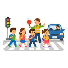 Fototapeta premium Children Crossing the Street Safely at Pedestrian Crosswalk with Traffic Light