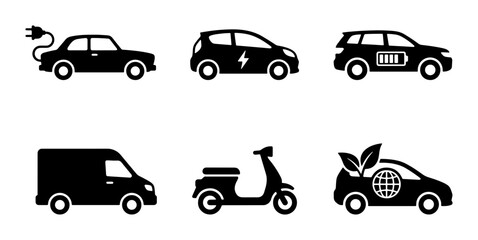 Fototapeta premium Electric Vehicle Icons: Eco-Friendly Transport Set, EV Cars, Scooter, Van, Clean Energy
