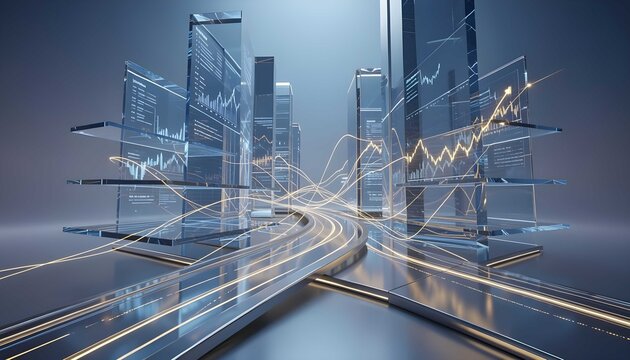 Modern business ecosystem with transparent architecture, digital commerce, and financial growth