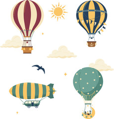 Vintage Hot Air Balloon and Airship Vector Set Featuring Retro Steampunk Style Blimp Flying Bird Sun Clouds and Striped Aircraft Graphics for Nursery Art © MstAkhlima