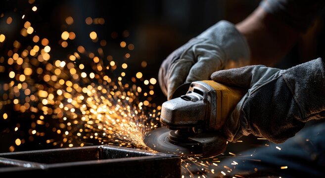 Hands in gloves grind metal, sparks fly, creating a fiery display