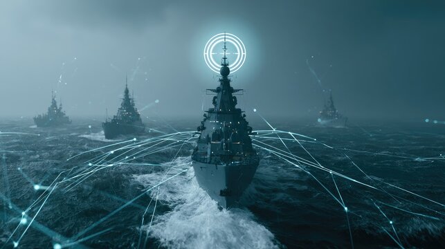 Advanced naval fleet maneuvers, data streams connecting ships in stormy seas
