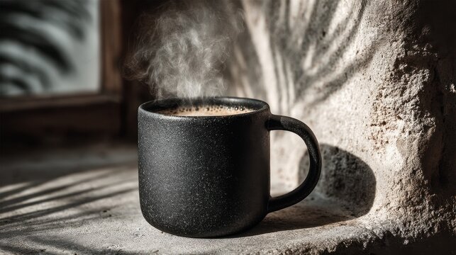 Steam Rising from Black Ceramic Coffee Mug in Sunlit Corner with Natural Shadows and Textured Stone Background