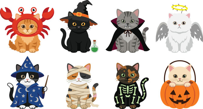Cute Halloween cat characters collection featuring crab, witch, vampire, angel, wizard, mummy, skeleton, and pumpkin costumes isolated on white background
