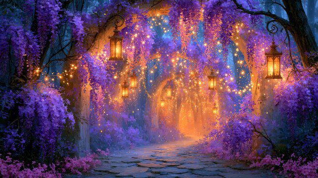 Enchanted forest path with purple trees and hanging lanterns