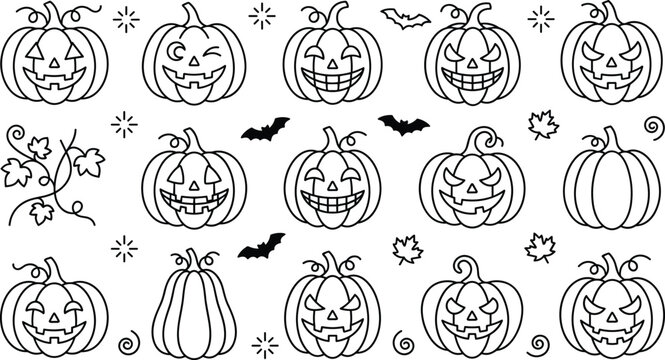 Cute Halloween pumpkin outline icon collection featuring smiling jack o lanterns, spooky bats, autumn leaves, and festive coloring page illustrations