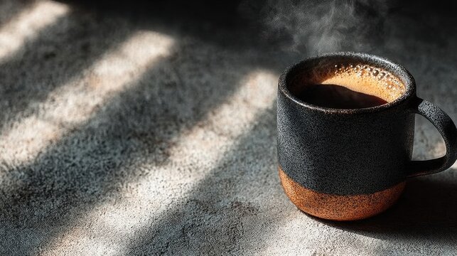 Cozy morning coffee in a rustic mug with steam rising on a textured surface illuminated by soft sunlight and shadow patterns in gentle relaxation