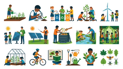 Fototapeta premium Flat Vector Illustration Set: Environmental Sustainability, Ecology, Nature Education Icons