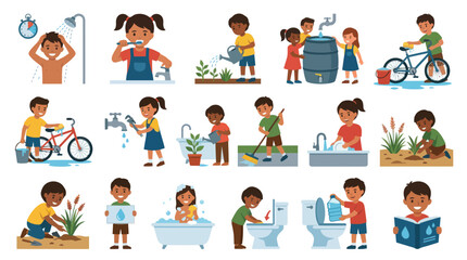 Fototapeta premium Childrens hygiene and environmental care flat vector illustration set
