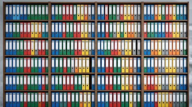 Metal shelving packed with assorted colored binders and folders in dense grid layout for extensive office archive storage and systematic document organization