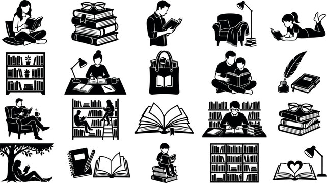 Set of reading and education icons featuring people reading books, bookshelves, and study materials