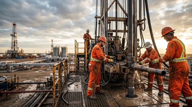 Safety-focused workers engaged in oil drilling operation on a late afternoon at an active oil field site with equipment and machinery in the background