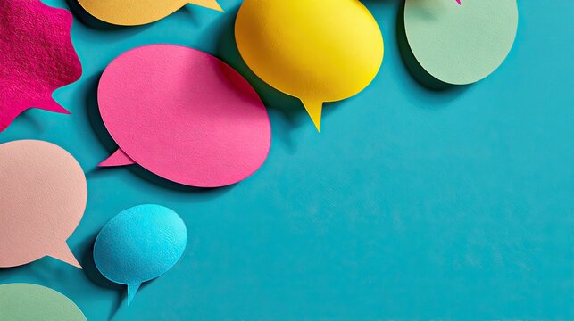 Colorful speech bubbles ascend against a vibrant turquoise background
