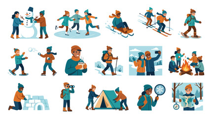 Fototapeta premium Winter Activities Flat Illustration: Snowboarding, Skiing, Sledding, Camping, Snowman
