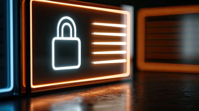 Neon padlock and data bars glow on dark digital interface