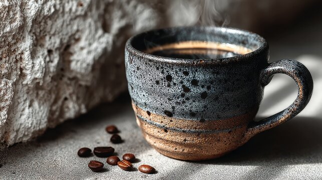 Warm Coffee in a Rustic Ceramic Mug with Aromatic Steam Rising and Coffee Beans Nearby Captured in Soft Natural Light on a Textured Surface
