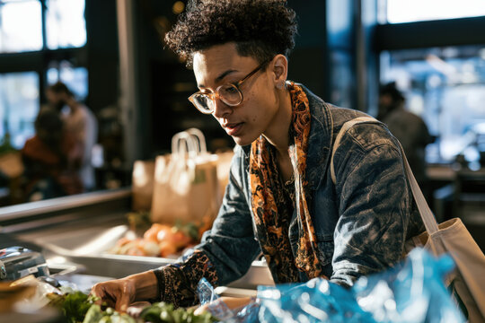 Young man with glasses and scarf selects fresh produce